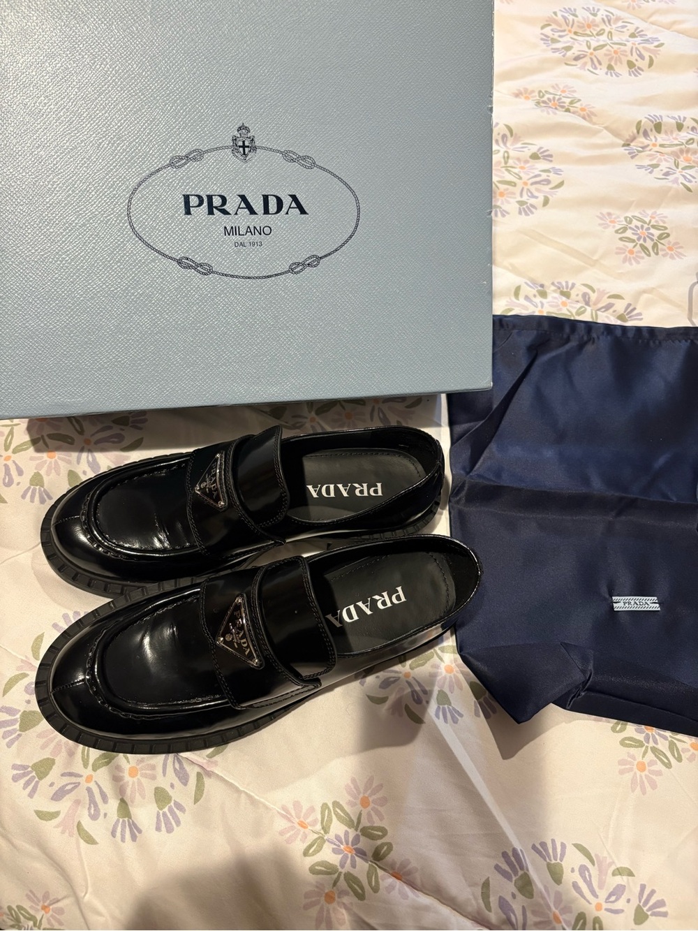 Women's Prada Black Patent Leather Penny Loafers with Logo Plaque - Picture 8 of 8